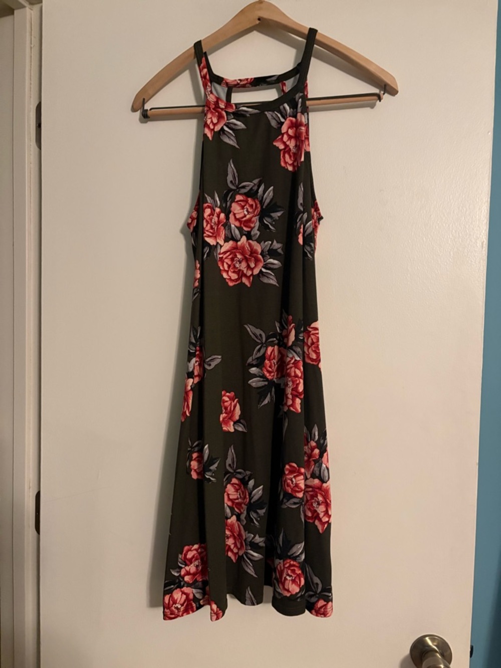 nine britton Olive Halter Maxi with Pink Floral Pattern